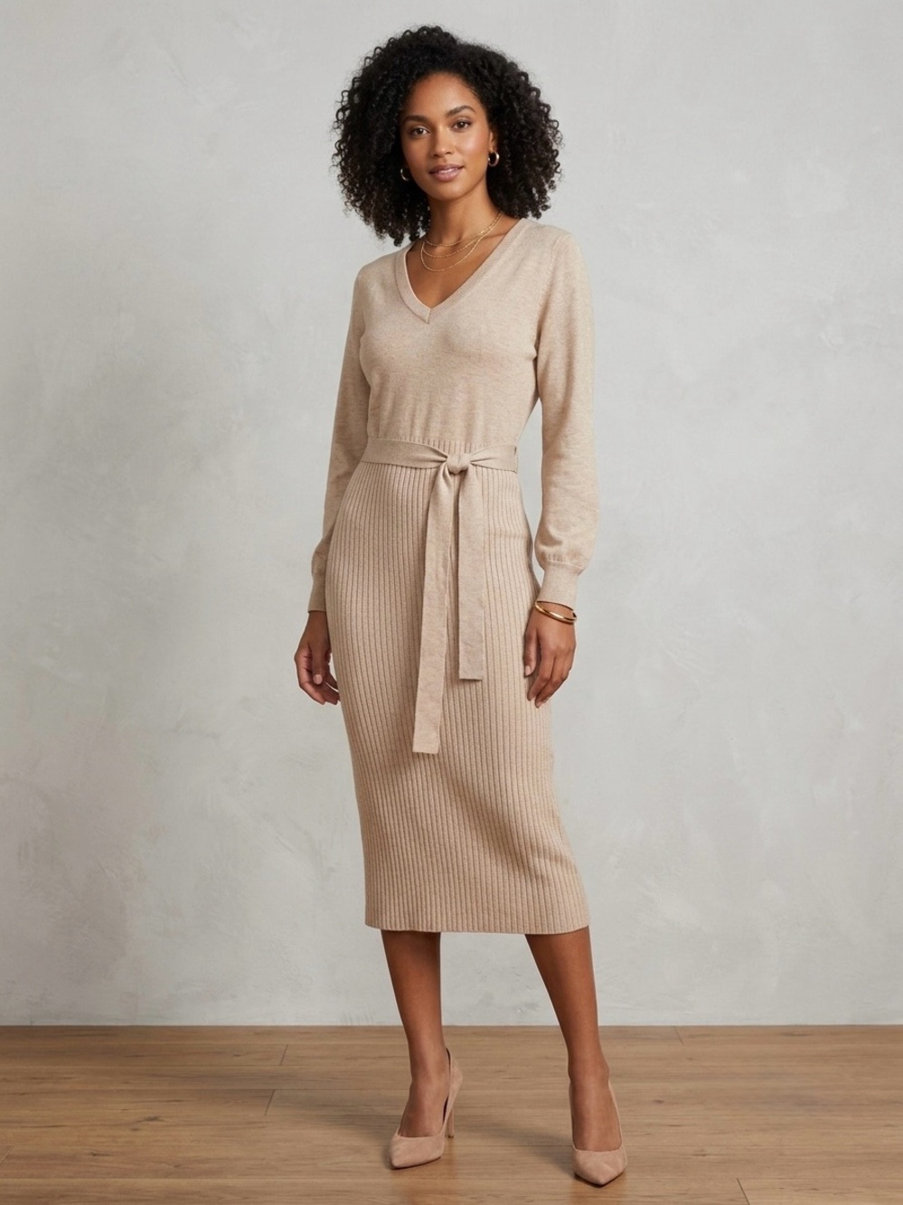 Beige Ribbed Neck Knit Dress